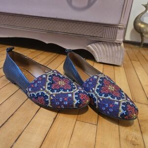 Sundance Navy Embroidered Mosaic Slip-On Flats with Red and Gold Details